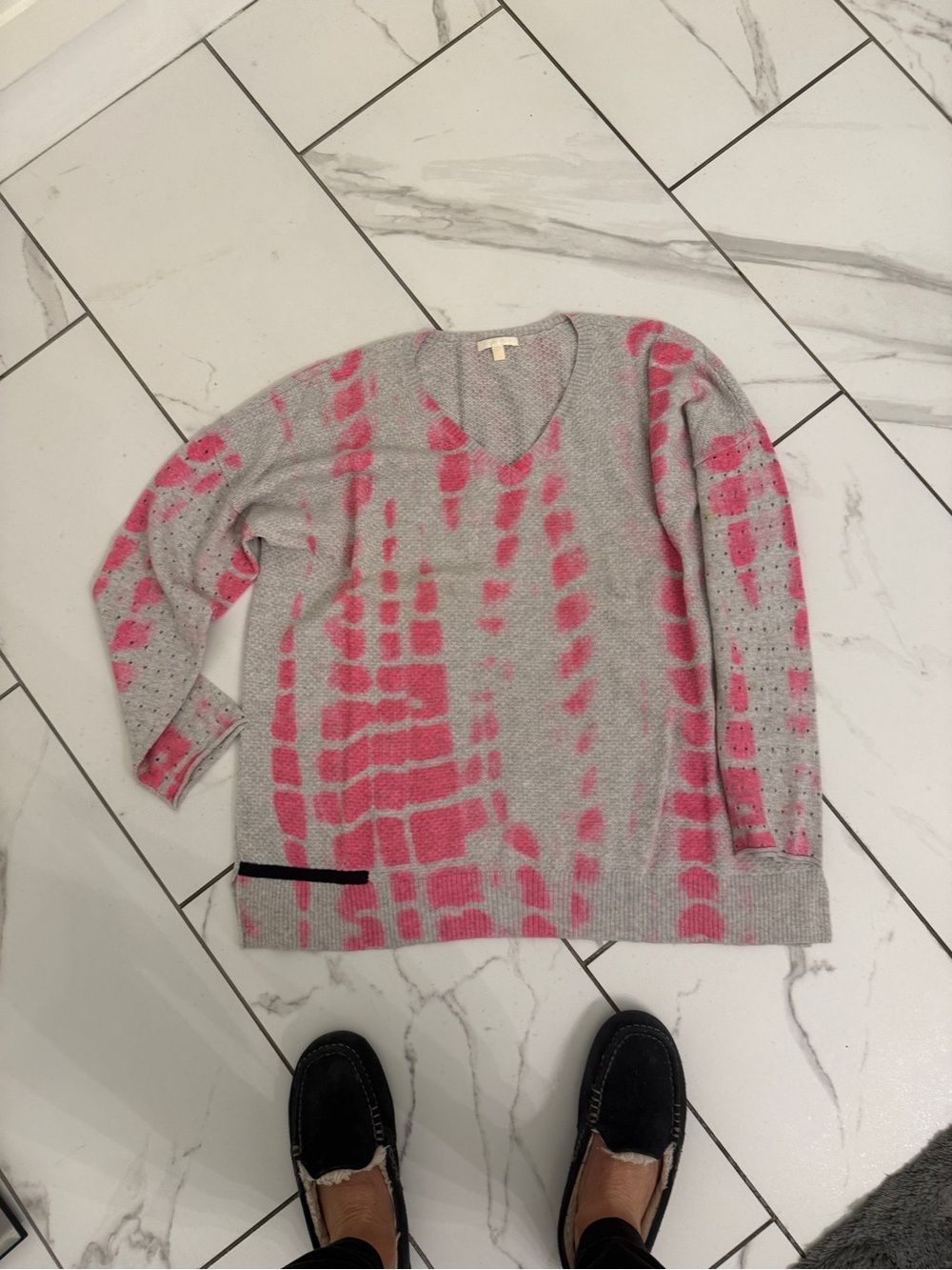 Lisa Todd Gray Sweater with Pink Patterned Accents